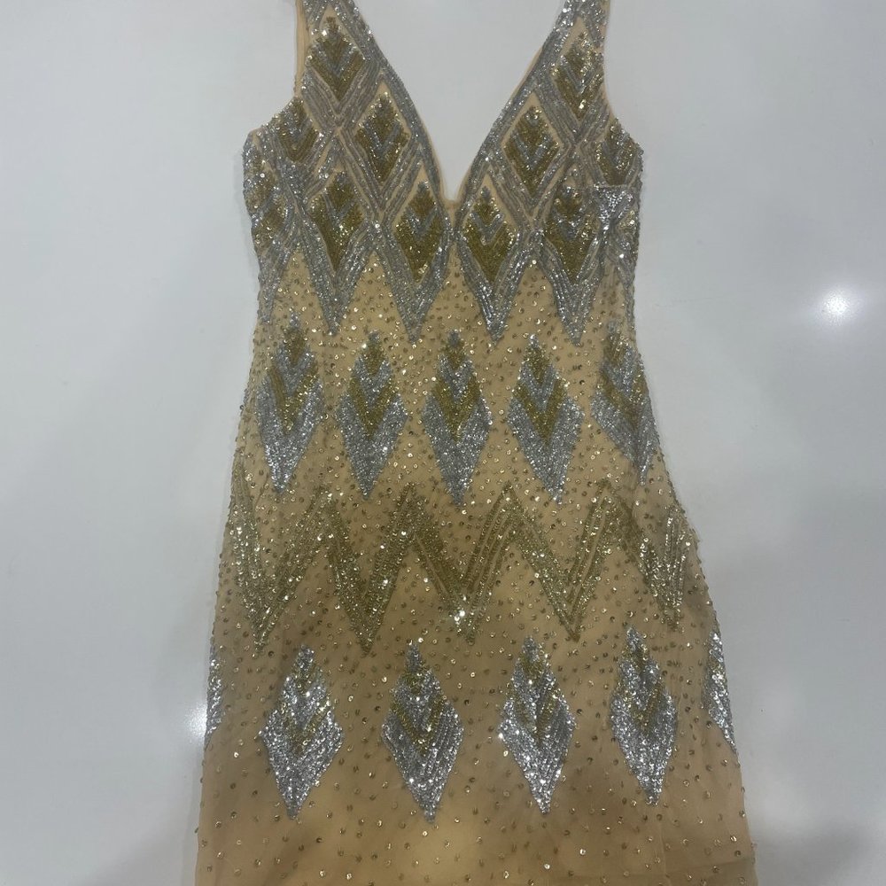 Basix II Gold Jeweled And Beaded all SILK Custom Gown never worn, no tags size 2